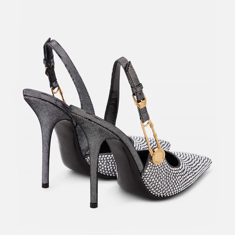 Zapatos de tacón de lujo con hebilla de lentejuelas y diamantes de imitación para mujer, zapatos de tacón alto de aguja con punta estrecha, zapatos de moda para primavera y verano