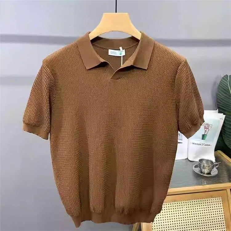 Polo de Manga Corta con Cuello en V, Corte Ajustado, de Seda Helada, para Hombre, Tejido, Estilo Veraniego, Transpirable, Lavable a Máquina, Camiseta Casual