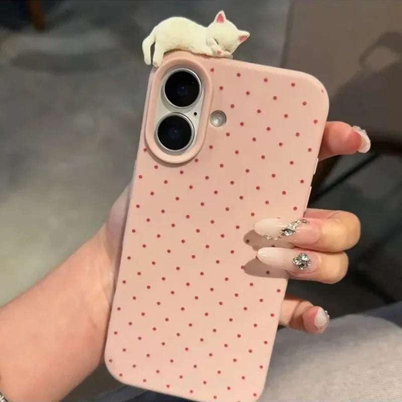 Funda de teléfono coreana con diseño de lunares para iPhone 17 Pro Max 16 15 14 Plus 13 12 11 X XR XS Max 16E 17Air, funda de gato de dibujos animados 3D
