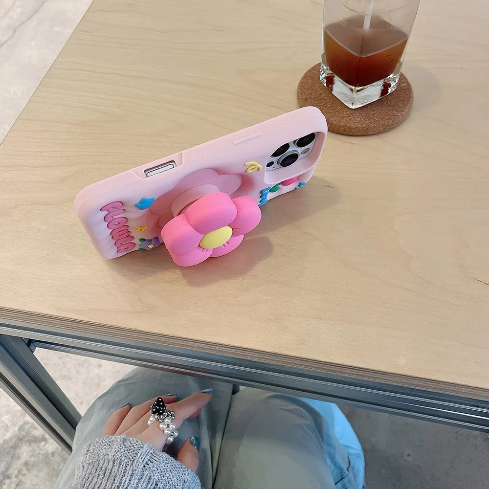 Lindo soporte floral 3D funda de silicona suave soporte de flores cubierta para iPhone 16 15 14 13 12 11 Pro Max 7 8 Plus X XS Max XR