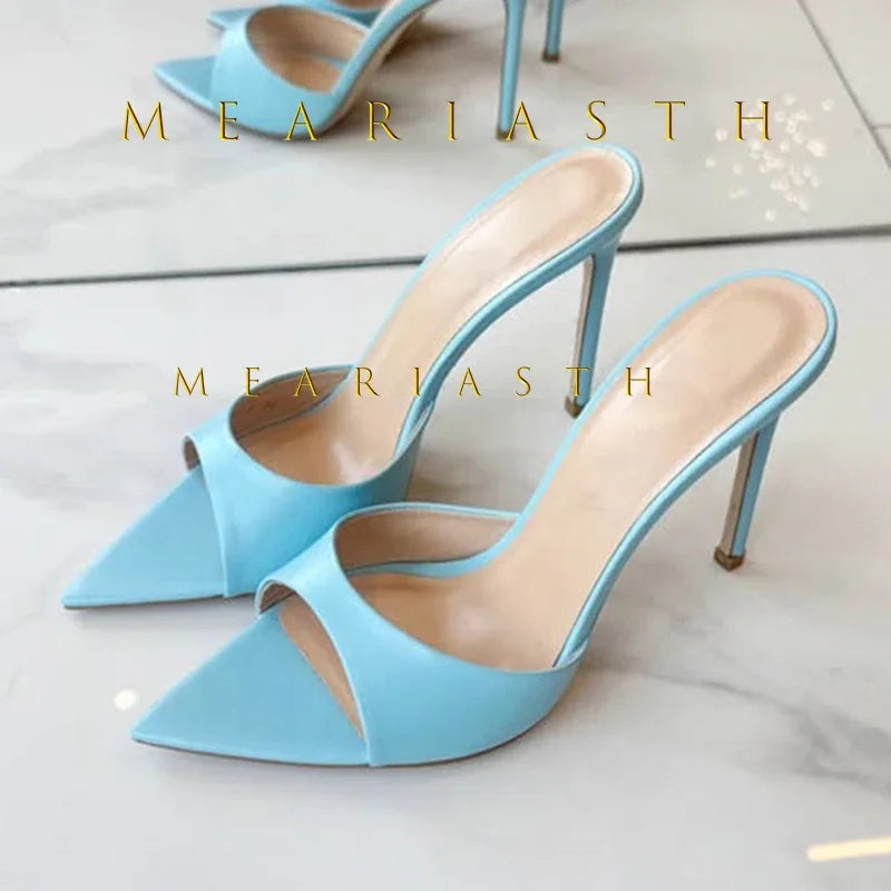 Mulas de cuero de Color caramelo para mujer, zapatos de tacón alto fino con punta abierta y punta abierta, zapatillas modernas sexis para fiesta para primavera y verano