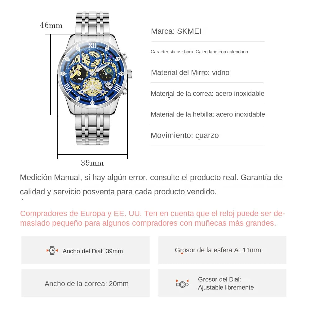 Relojes SKMEI de lujo de marca superior de acero para negocios, relojes de pulsera con calendario de movimiento de cuarzo japonés resistente al agua 3Bar para hombre