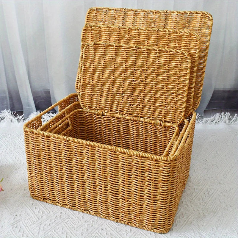Cesta de almacenamiento tejida rural con tapa, organizador de guardarropa elegante y duradero, adecuado para baño, dormitorio, cocina y hogar