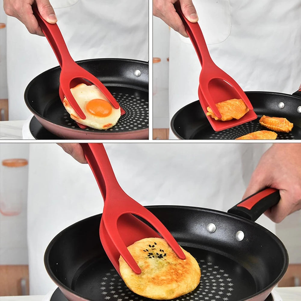 Nueva Espátula 2 en 1 con Pinzas, Espátula para Voltear Huevos, Espátula de Nailon con Revestimiento Antiadherente, Herramienta para Hacer Panqueques, Pescado, Tostadas Francesas y Omelettes