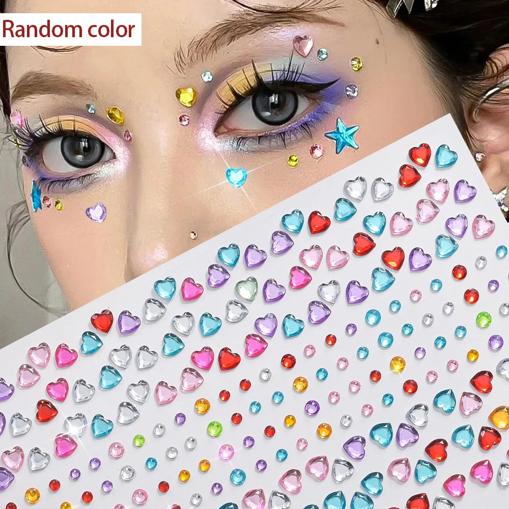 1 hoja 900 Uds. Pegatinas de gemas brillantes de cara de arcoíris, tatuaje Facial adhesivo, joyas de diamantes de imitación para ojos, mezcla de 3/4/5mm, maquillaje para fiesta de boda
