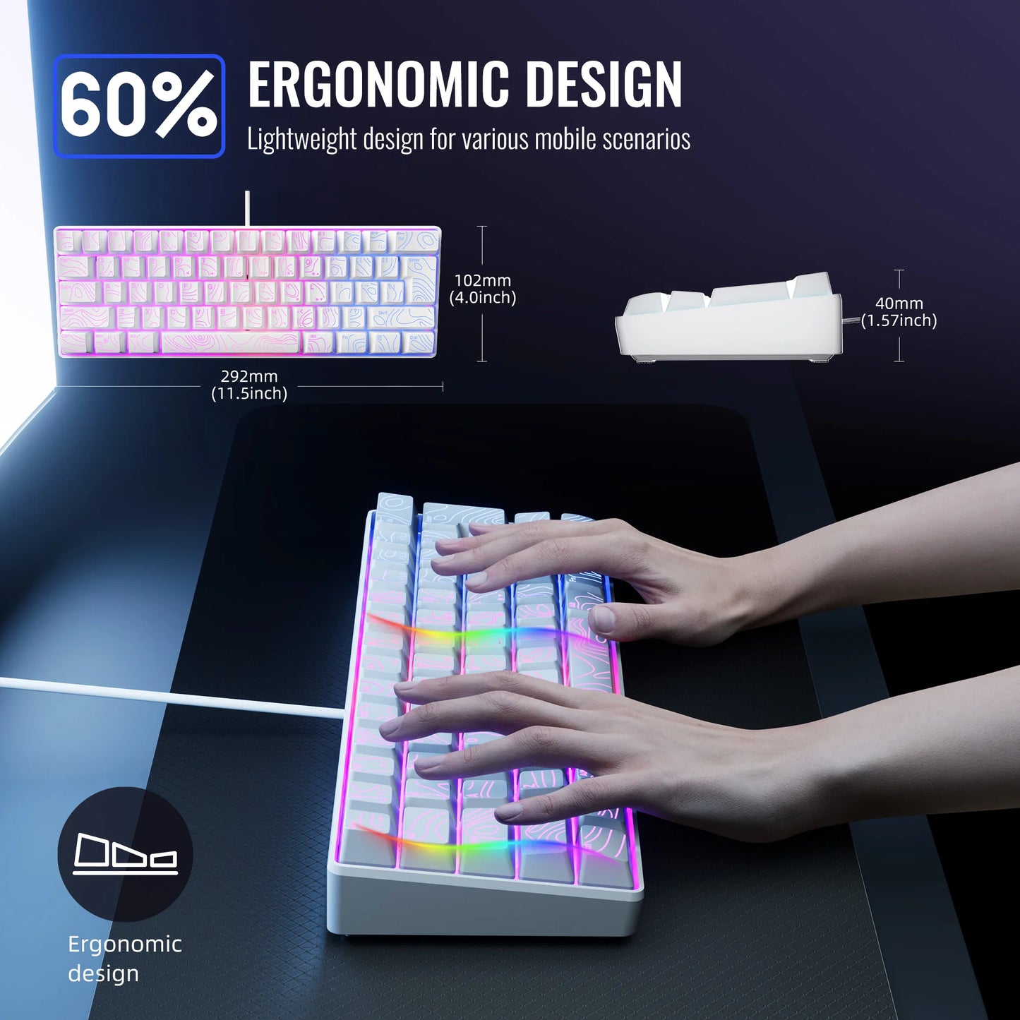 Teclado Compacto con Cable al 60% de Tamaño, Retroiluminación RGB y Teclas de Membrana. Adecuado para tabletas Windows, portátiles y jugadores. Blanco.