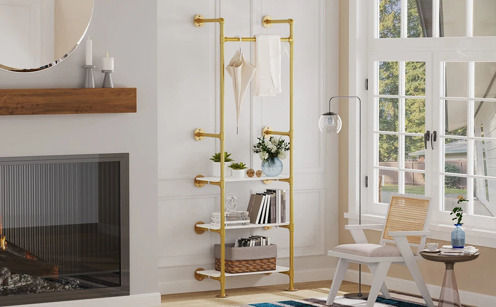 Perchero de pared para ropa, tubo industrial, dorado, con estantes de 3 niveles