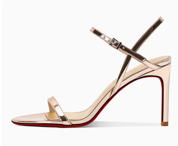 Nuevas sandalias de tacón alto de charol plateado para mujer con punta descubierta, tacones delgados y zapatos individuales cómodos.