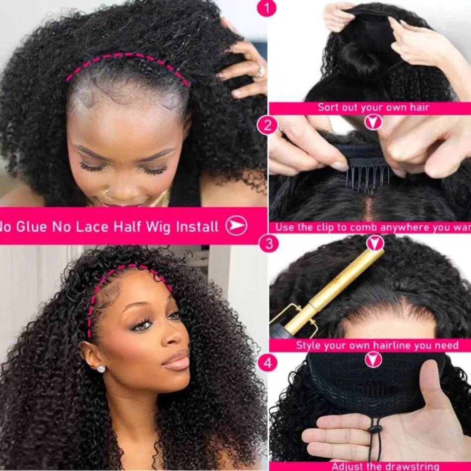 Peluca de cabello humano 3 en 1 con ondas rizadas, media peluca, densidad 200, con cordón ajustable, 24-32 pulgadas, fácil de instalar, aspecto natural, para mujeres.
