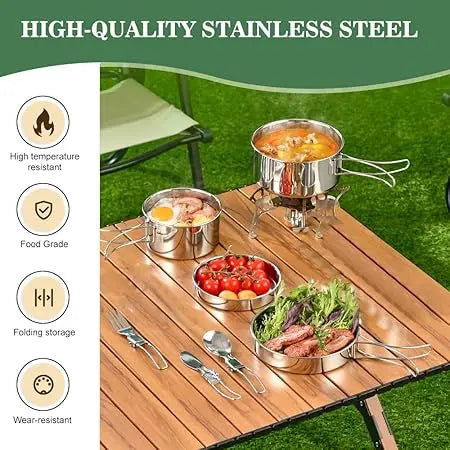 Juego de utensilios de cocina para acampar, olla de cocina de acero inoxidable con sartén, utensilios de cocina portátiles para exteriores, olla para Picnic, mochilero, Camping y senderismo