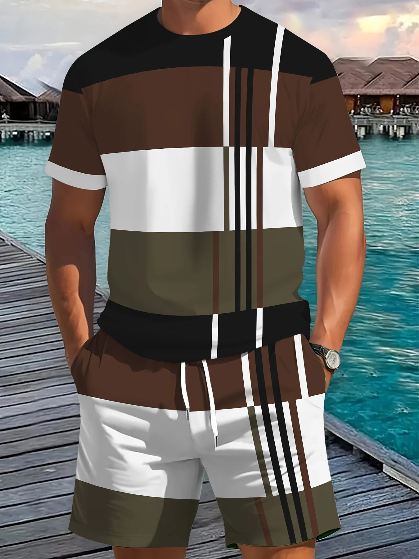 Nueva ropa deportiva de verano para hombre, conjunto de camiseta de manga corta a rayas, ropa de viaje al aire libre de dos piezas, pantalones cortos de ajuste relajado, ropa de entrenamiento