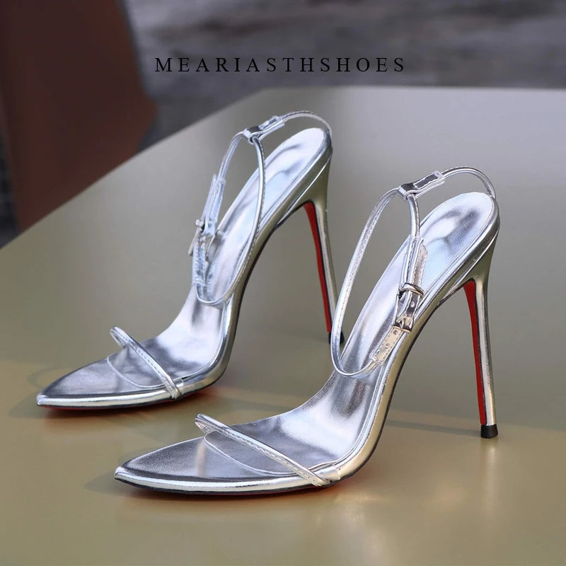 Sandalias de Tacón Alto con Punta Abierta y Correa en el Tobillo, de Cuero, con Hebilla, Diseño Sólido, Tacón Fino, para Mujer, con Lazos y Correa Trasera