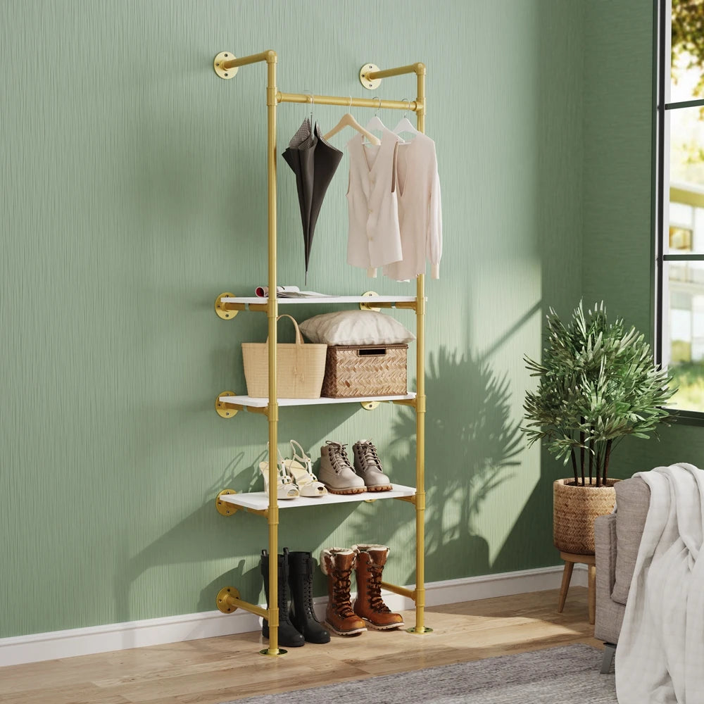 Perchero de pared para ropa, tubo industrial, dorado, con estantes de 3 niveles