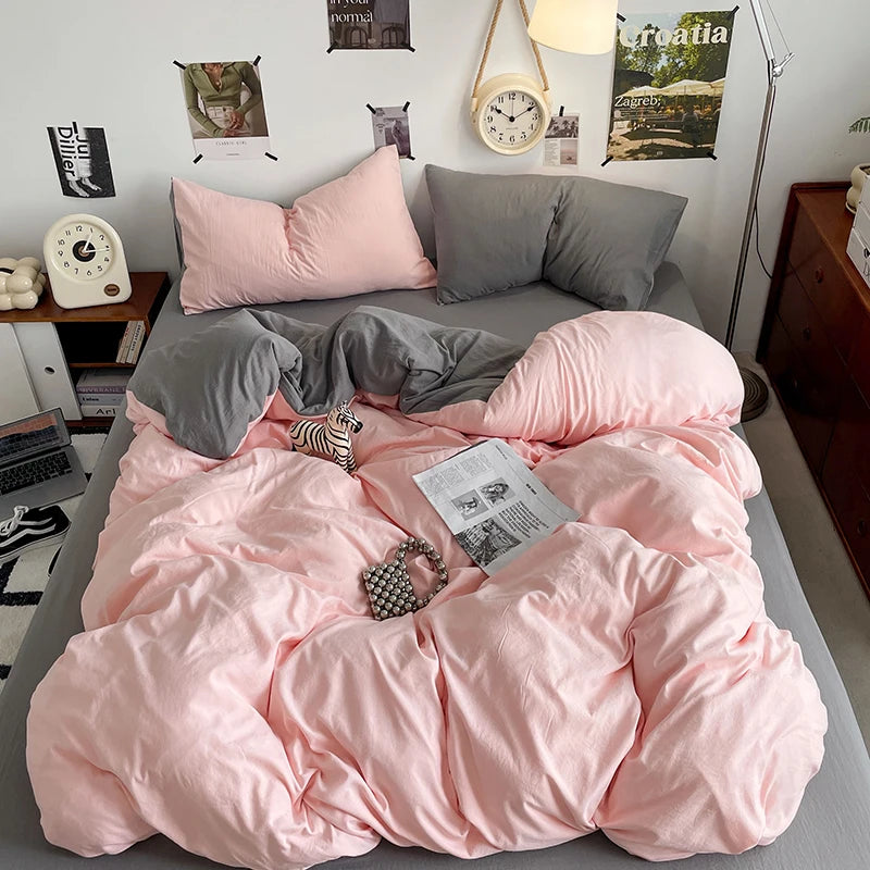 Funda nórdica de poliéster para dormitorio, juego de ropa de cama de 3 piezas, Color liso, rosa y gris, 2 fundas de almohada