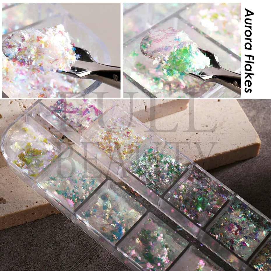 12 rejillas iridiscentes para uñas Aurora, purpurina de cristal, copos de fuego, holográficos, lentejuelas brillantes, dijes, esmalte de Gel, Flash para manicura