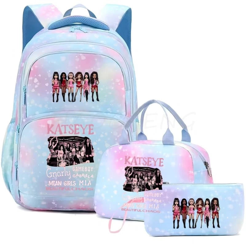 Mochila Katseye para mujer, 3 unidades/juego, mochila escolar para estudiantes, mochila de viaje al aire libre de gran capacidad, mochila escolar para estudiantes con dibujos animados