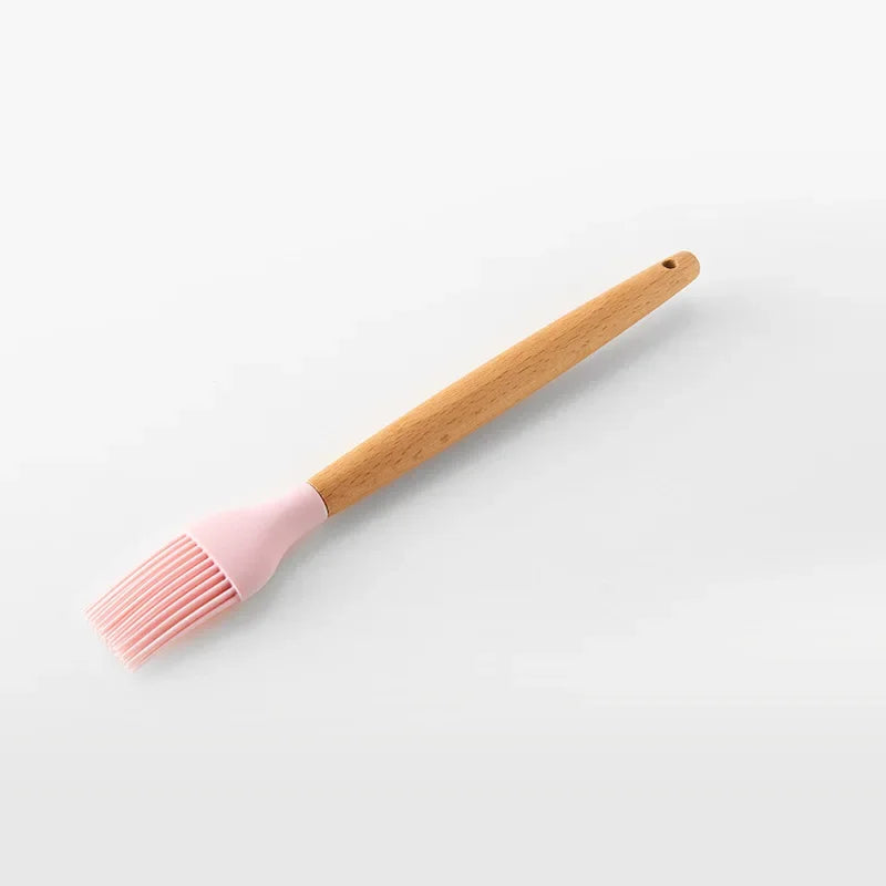 Utensilios de cocina de silicona con mango multifunción de madera, espátula antiadherente, cucharón, batidor de huevos, pala, rosa, nuevo