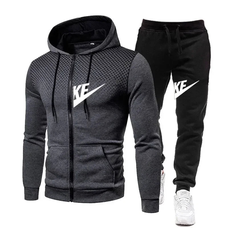 Conjunto de sudadera con capucha y pantalones largos con cremallera para hombre, conjunto informal de dos piezas para fitness al aire libre, otoño e invierno