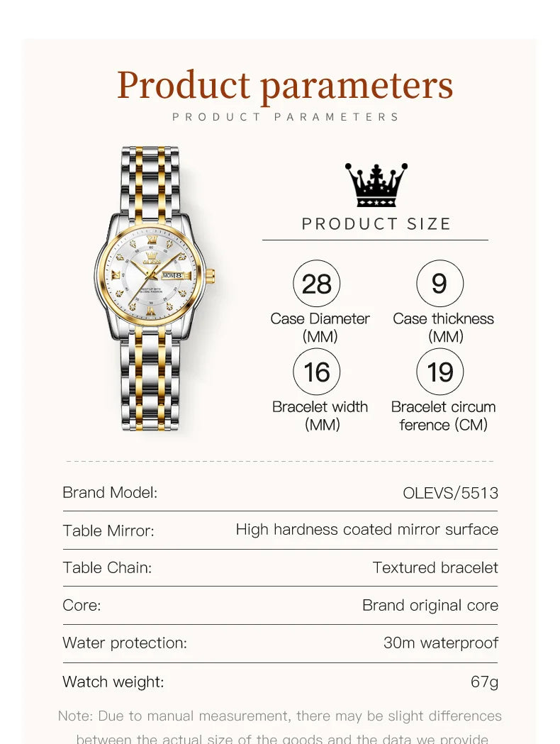 Relojes OLEVS para mujer, reloj de pulsera luminoso resistente al agua de acero inoxidable Original dorado a la moda, reloj clásico elegante para mujer con fecha