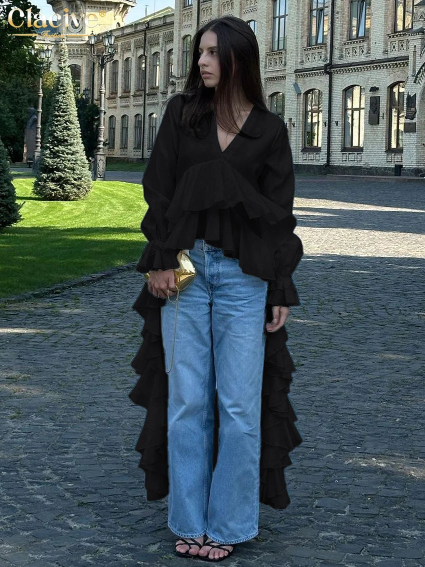 Clacive-Camiseta blanca holgada para mujer, camisas de manga larga con cuello en V a la moda, Top Irregular con volantes elegantes, ropa femenina 2025