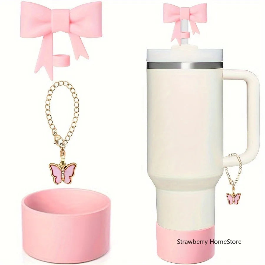 Juego de 3 Cubiertas de Silicona para Vasos con Diseño de Lazo y Cadena de Mariposa Rosa, Accesorios para Vasos de 30/40 oz ﻿
