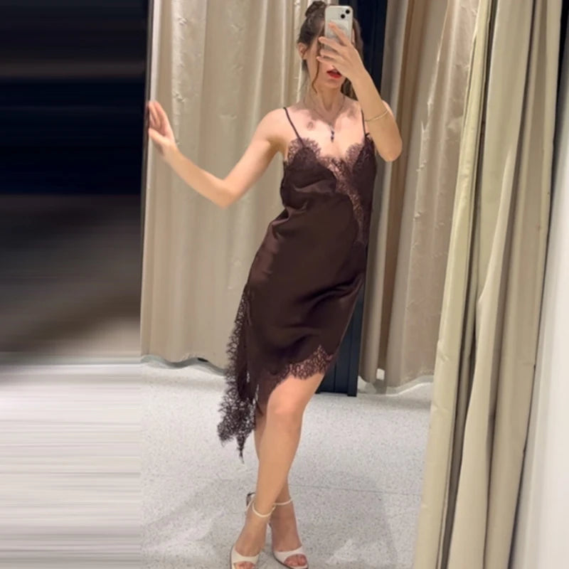 HXAO Vestidos para mujer, vestido asimétrico de encaje, verano 2025, Vestidos de noche sexis para mujer, Mini Vestidos marrones sin mangas y sin espalda