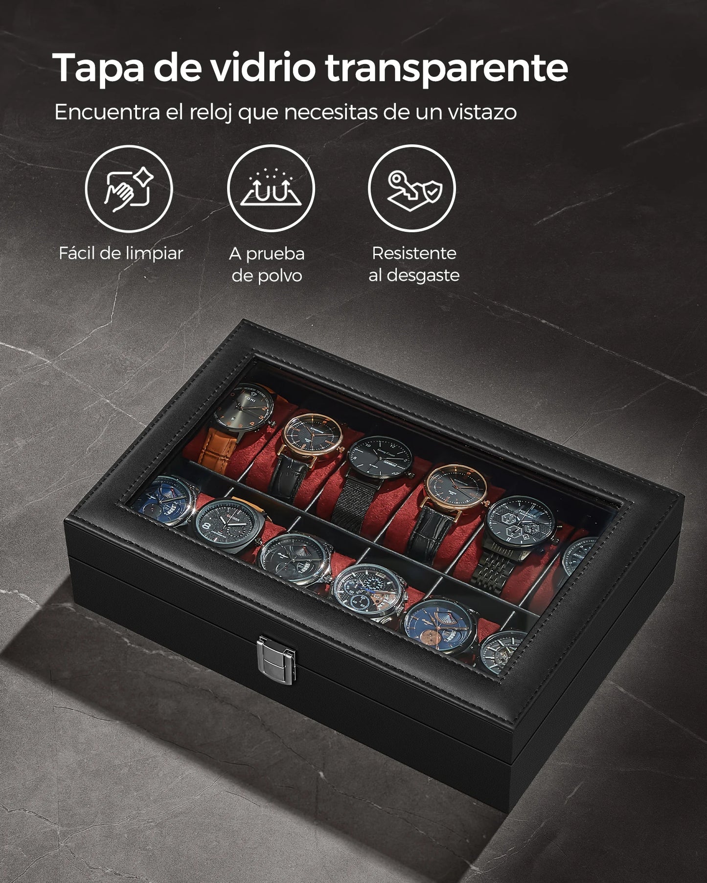 SONGMICS Caja de reloj con 12 ranuras, forro gris verdastro/forro rojo vino/forro beige capuchino/forro beige verdoso