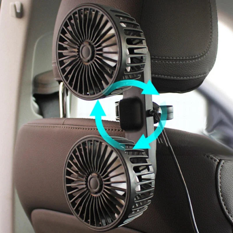 Ventilador automotriz USB portátil, ventilador de asiento de aire acondicionado eléctrico de doble cabezal giratorio de 360 grados para el hogar y la Oficina, 3 opciones de velocidad