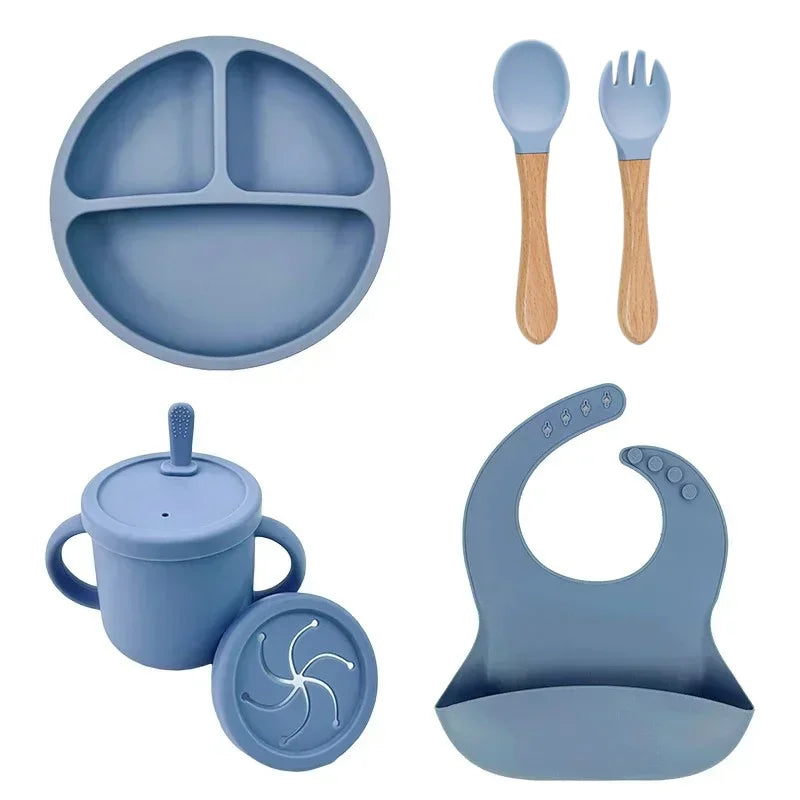 Juego de platos de silicona de grado alimenticio para niños, tazón de alimentación de bebé, plato de succión, taza de paja, cuchara de madera, tenedor, vajilla para niños, platos para niños pequeños