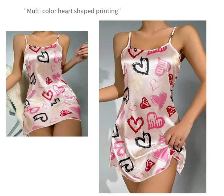 Camisón Sexy con tirantes para mujer, lencería Sexy de satén de seda, ropa de dormir con pintura Floral, minivestido para el hogar