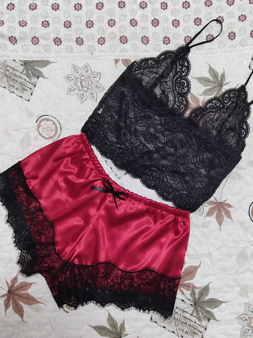 Conjunto de pijamas de 2 piezas para mujer, ropa de dormir, lencería sexy, tops cortos de seda de encaje y pantalones cortos, conjuntos de pijamas informales