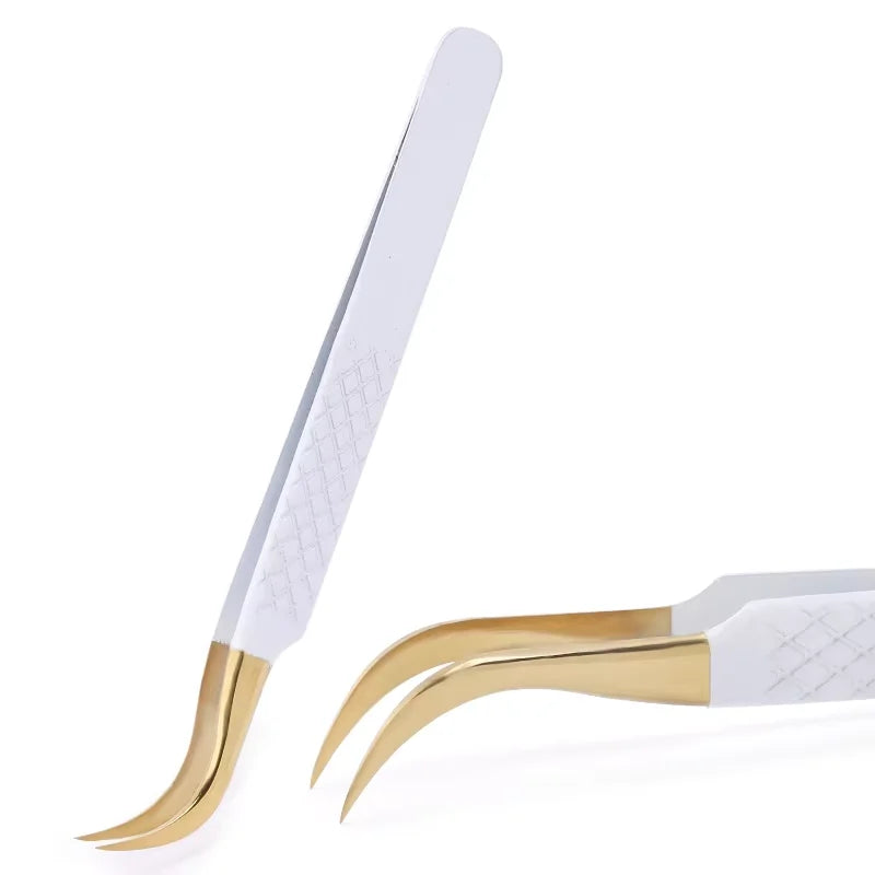 Pinzas de Precisión Antiestáticas de Acero Inoxidable Blanco-Dorado para Extensión de Pestañas, Juego de Herramientas de Maquillaje y Belleza para Cejas