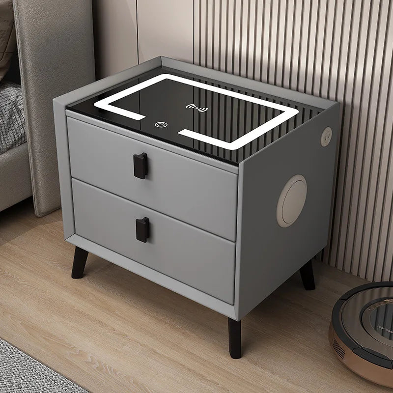Mesita de noche de madera inteligente con altavoz cargador inalámbrico, mesita de noche minimalista moderna de dos cajones, muebles multifuncionales para el hogar