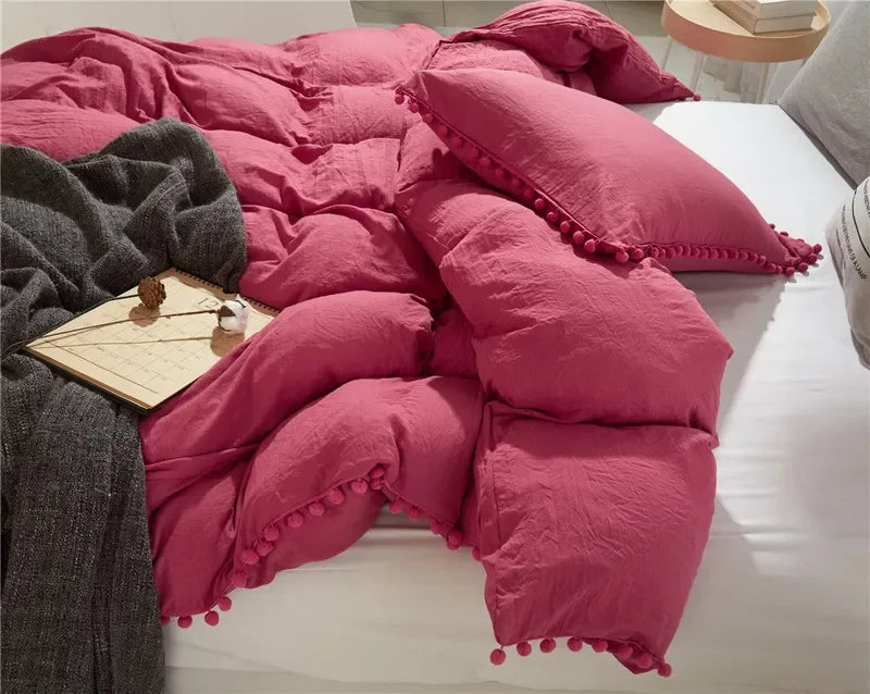 Funda de edredón suave y lavada, Juego de 3 piezas, funda de almohada, juego de ropa de cama para Twin, Full, Queen, King Size, decoración de pompones