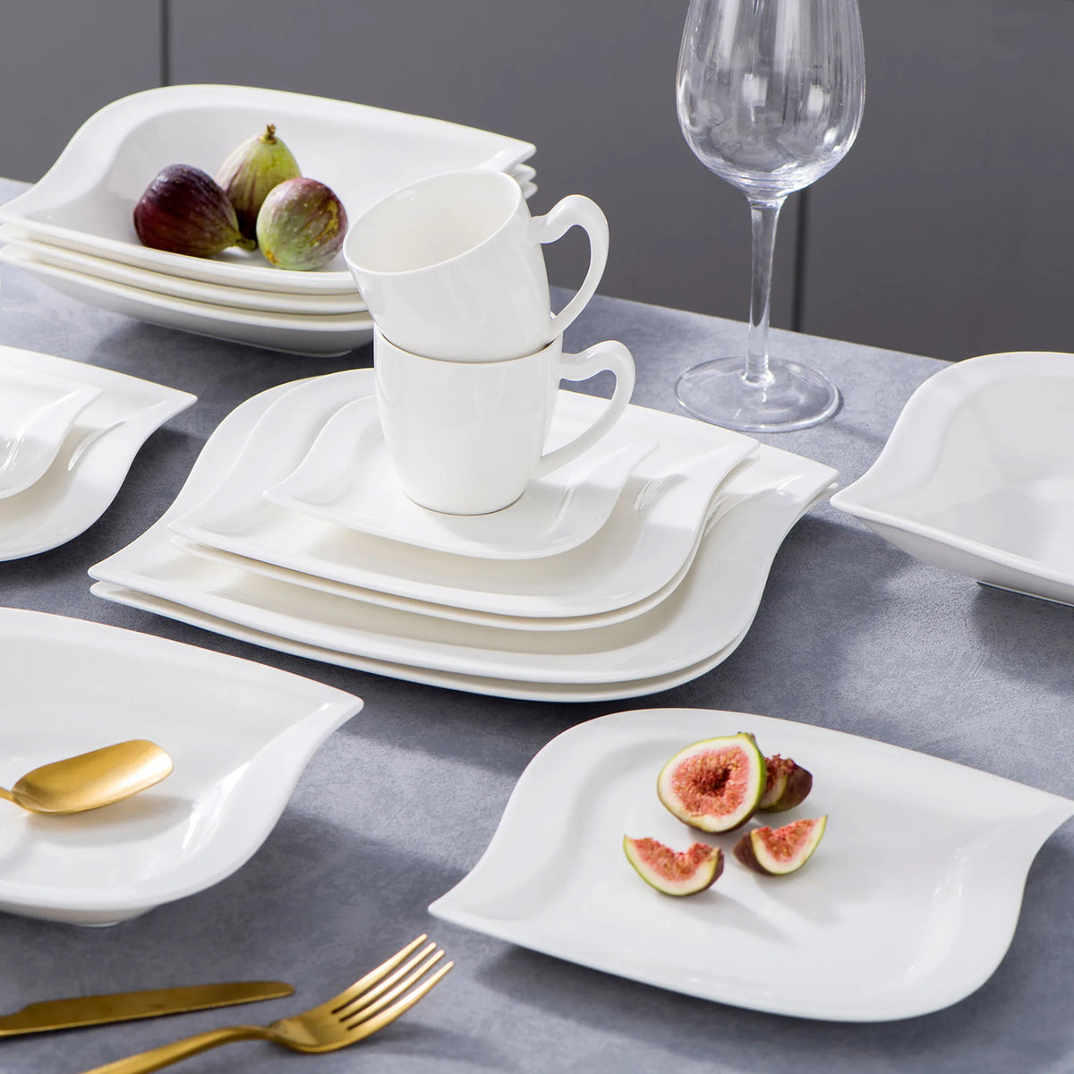MALACASA-Juego de vajilla de porcelana blanca, juego de tazas, platillos, platos de cena, postre, sopa, servicio de vajilla para 30/60, 6/12 piezas