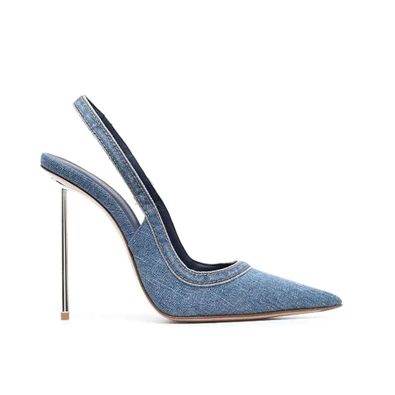 Zapatos de tacón alto de mezclilla para mujer, zapatos de tacón de Metal ajustados con correas en el tobillo, sandalias de tacón de Metal con punta puntiaguda para fiesta de banquete de talla grande