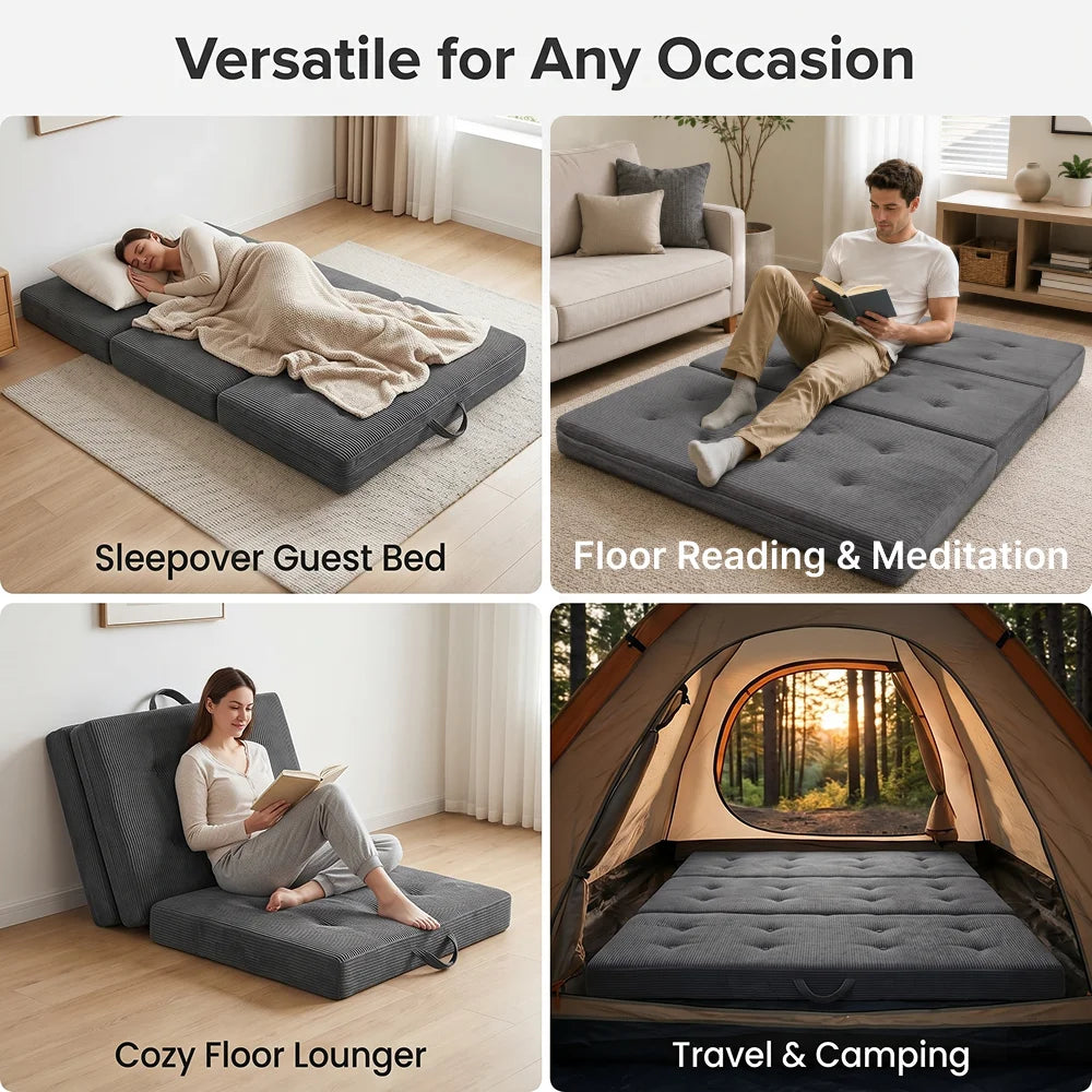 Sofá plegable de pana de tres pliegues, colchón portátil de espuma de alta densidad para invitados, adecuado para sala de estar y dormitorio.