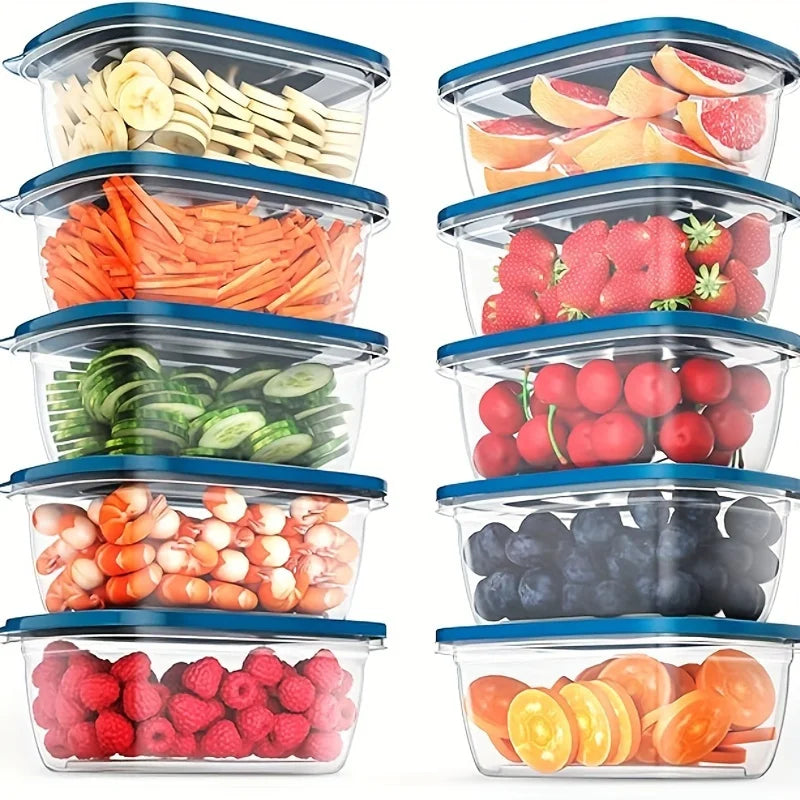 Juego de 6 Recipientes Transparentes Apilables de Plástico para Almacenamiento de Alimentos con Tapas Azules y Marcas de Medición—Reutilizables, Aptos para Lavavajillas