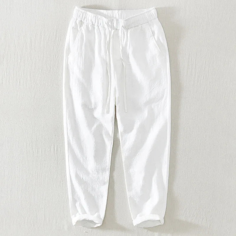 Pantalones informales de lino hasta el tobillo para hombre, ropa de calle fina con cordón Simple, de gran tamaño, BL8226, novedad de verano