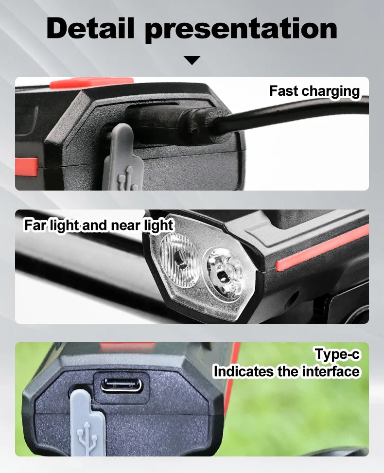 Luz Solar para bicicleta con bocina, 120dB, TYPE-C, carga rápida, lámpara frontal para bicicleta de montaña y carretera, linterna para bicicleta de 1200 mah