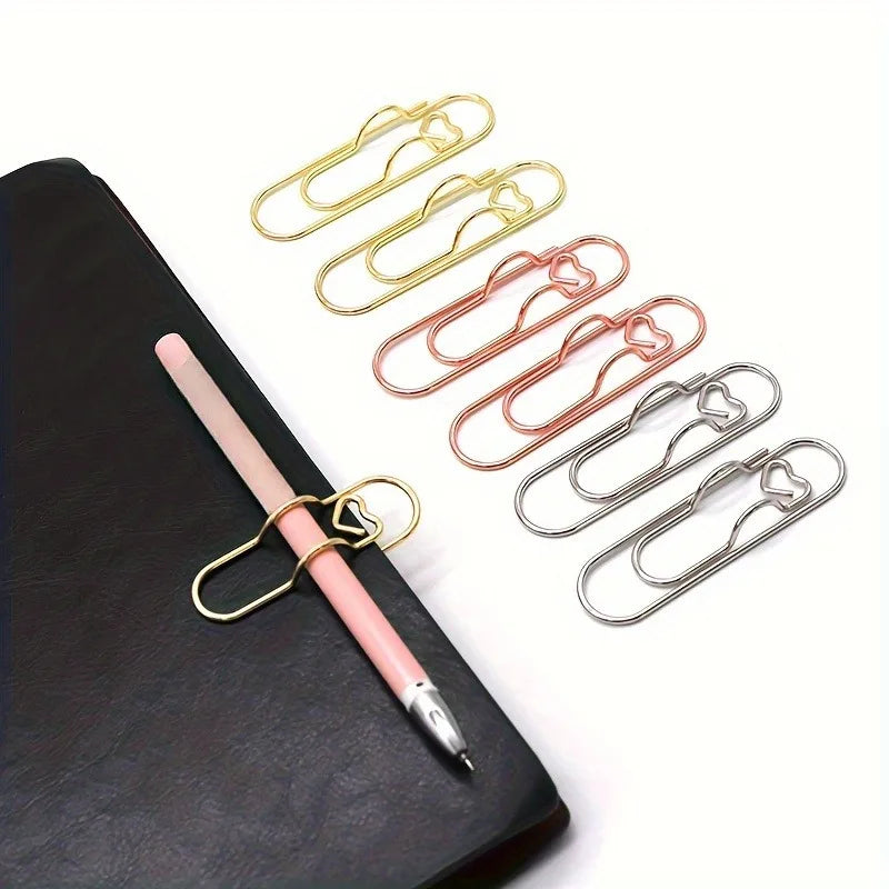 Clip multifuncional para bolígrafo con diseño de amor, 4 unidades, clip de papel portátil con botón para colgar, accesorios de papelería para cuadernos