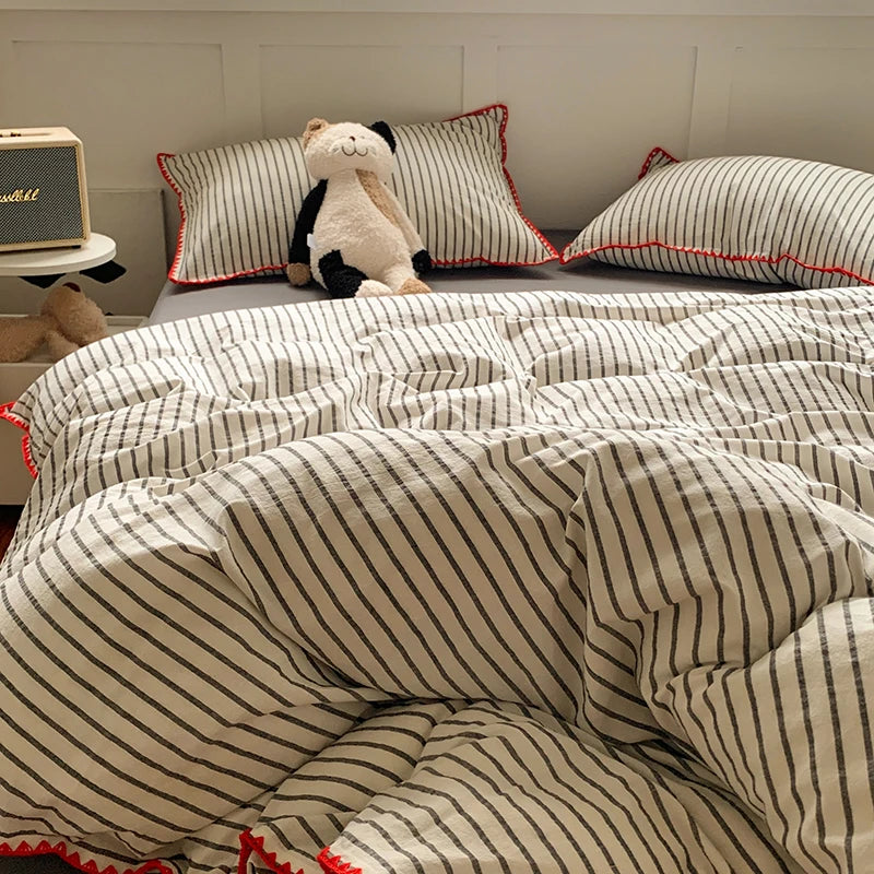 Juego de cama 100% de algodón a rayas, funda nórdica con funda de almohada, funda de edredón, tamaño King
