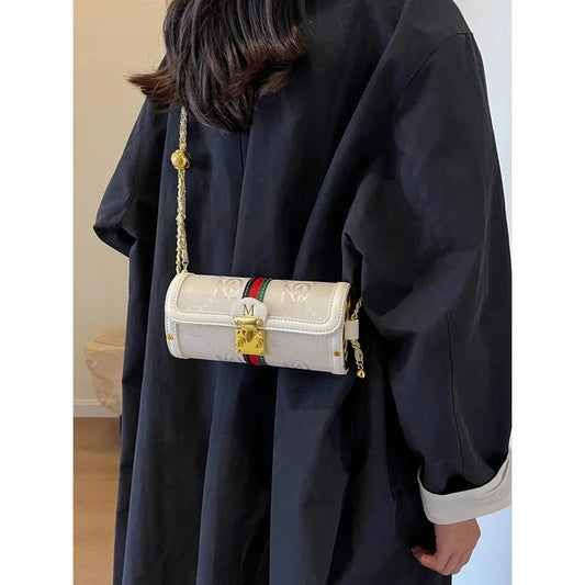 Bolso cilíndrico retro con correa de cadena, bolso de mujer, bolso versátil de hombro y bandolera, bolso mensajero