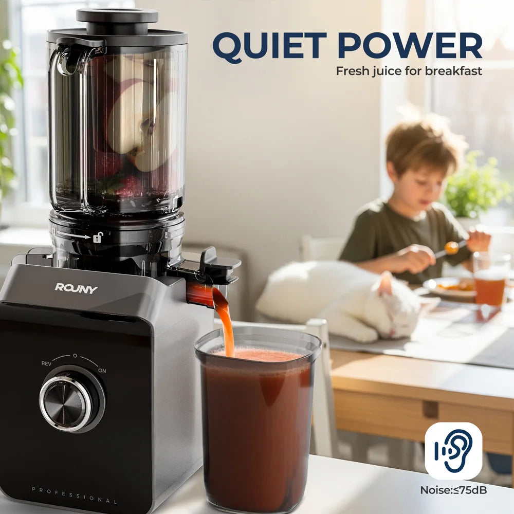 ROUNY Exprimidor lento, extractor de prensa en frío con sin filtro, máquina exprimidora de frutas eléctrica de fácil limpieza con gran calibre, negro