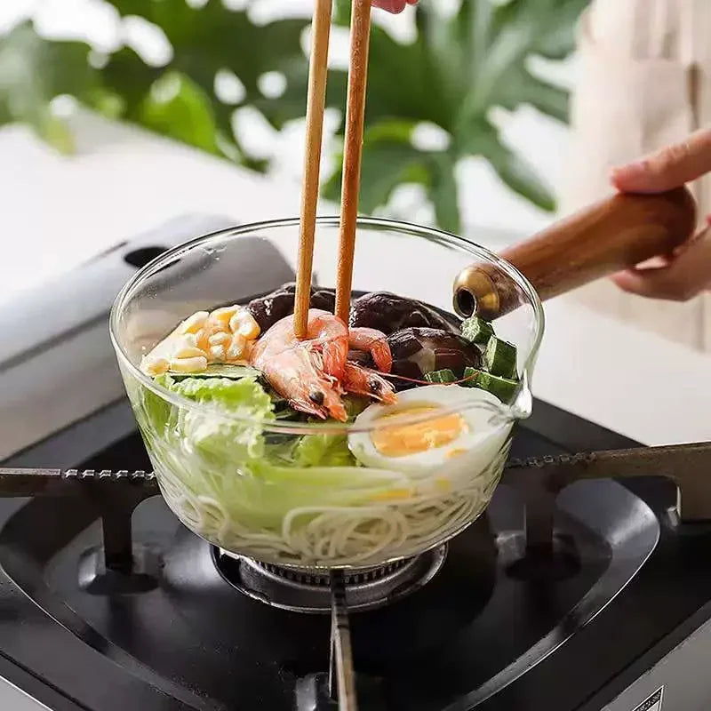 Olla de leche práctica con mango de madera y vidrio de 400/600ml, sartén para sopa, olla con mango de madera y vidrio, ollas estables de un solo mango, herramientas para cocinar