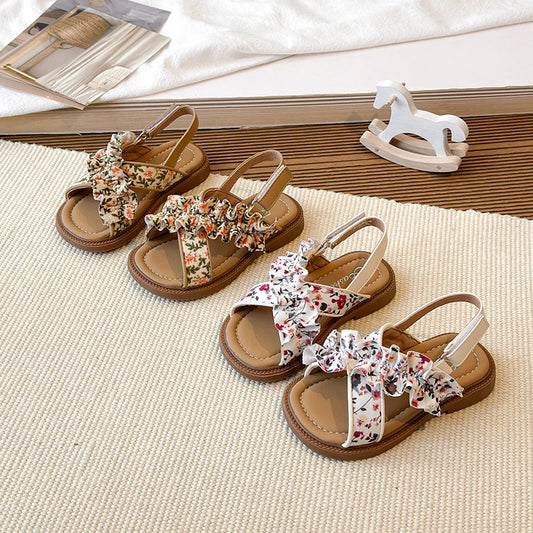 Sandalias de verano para niña, con punta abierta, con gancho y lazo, elegantes, zapatos planos para niños, colores sólidos, ligeros, cómodos, informales, para uso diario, zapatos para niños 23-33