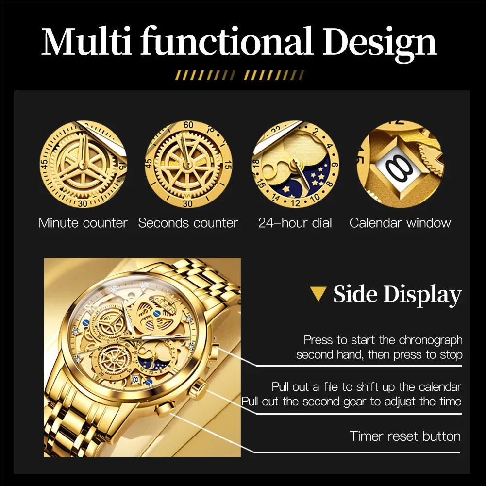 Relojes OLEVS para hombre, marca superior, reloj de cuarzo Original resistente al agua de lujo para hombre, estilo esqueleto dorado, 24 horas de día y noche, nuevo