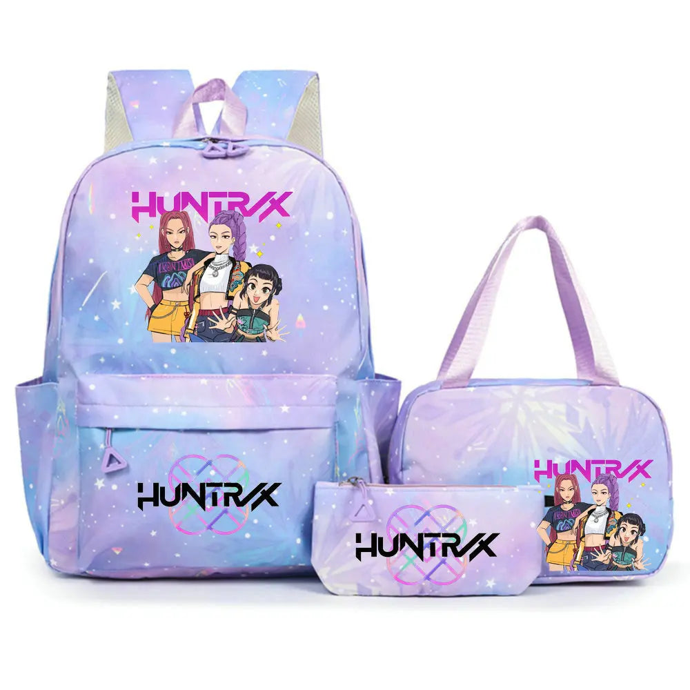 Conjunto de mochila con estampado de KPop Demon Hunters con bolsa para el almuerzo y estuche para lápices, mochila para exteriores de gran capacidad, ligera y transpirable
