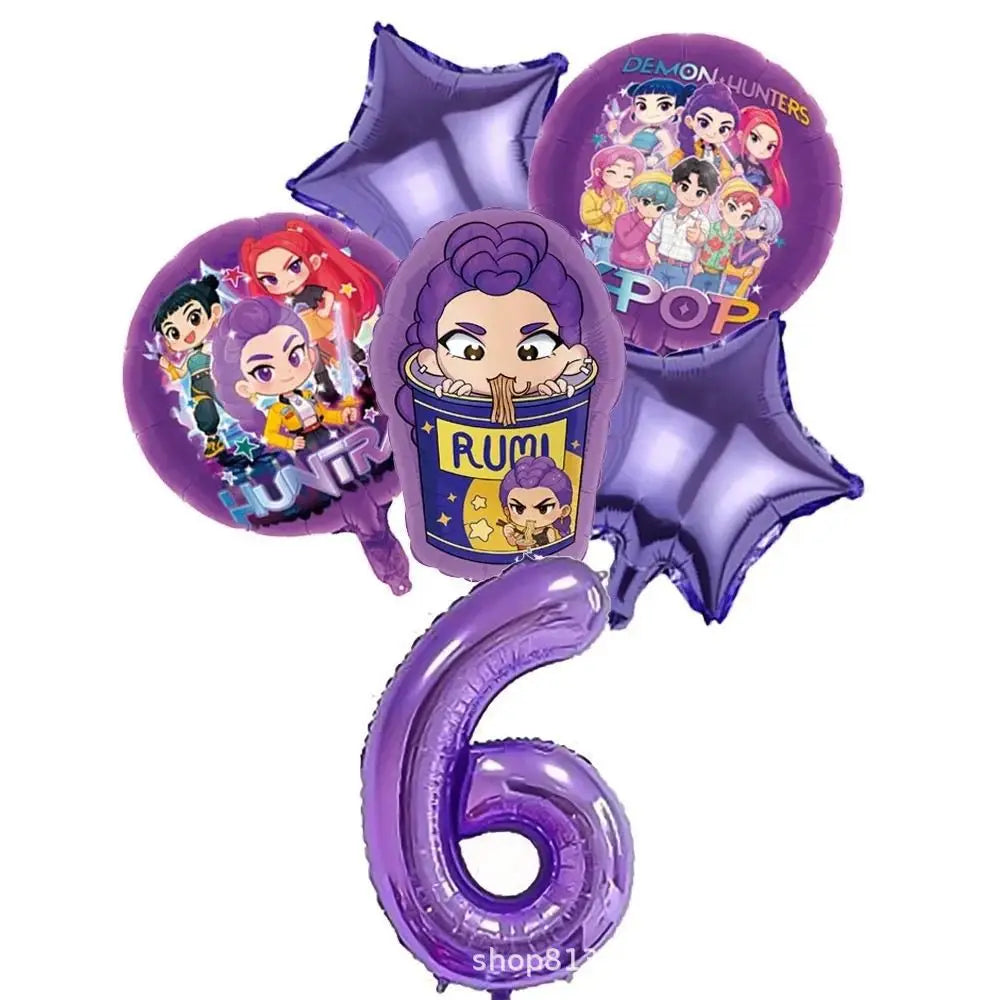 Set de Globos de Aluminio K-Pop para Grupo de Chicas, Números del 1 al 9 y Globos de Estrellas Púrpuras, Adornos para Pastel para Fiestas de Cumpleaños y Accesorios para Fotos