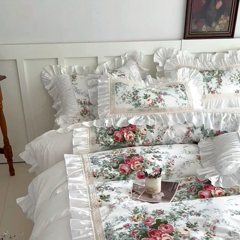Juego de fundas de edredón con volantes, de 3 piezas ropa de cama, Floral, 100% algodón, blanco, 2 fundas de almohada, US/UK, Super King size